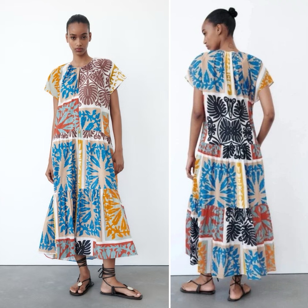 Zara Tiered Coastal Patchwork Print Tiered Midi Dress